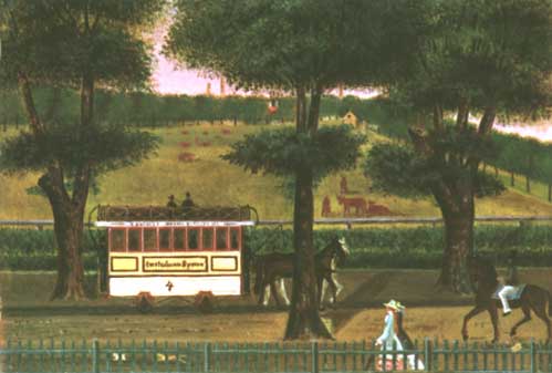 Postkort af maleri med sporvogn